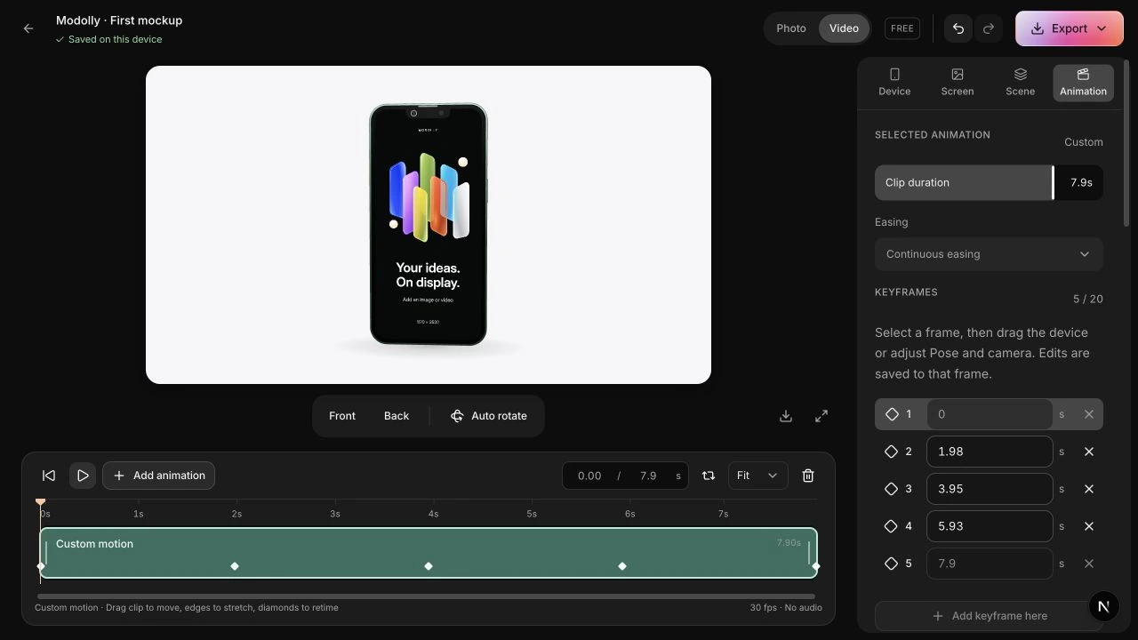 Modolly in Video mode with the Animation panel and keyframe timeline open